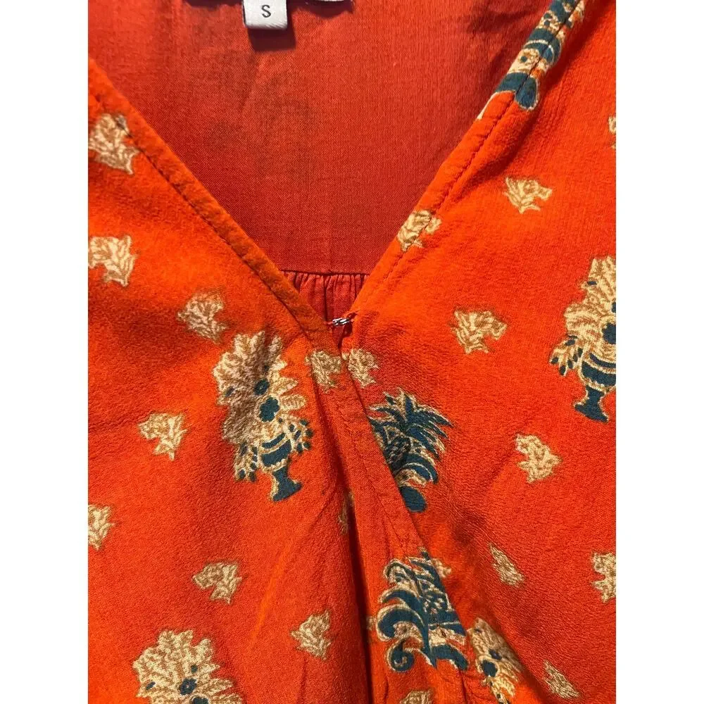 Label Ritu Kumar Rust Orange Boho Printed High-Low Maxi Dress Bell Sleeve Small
